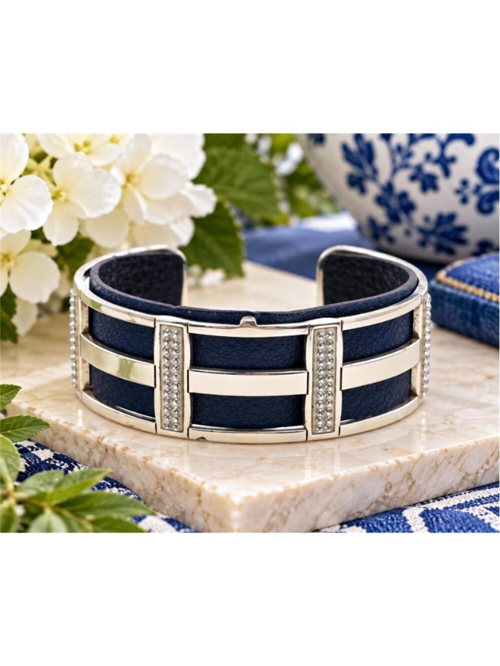 Brighton Christo Rhone Narrow Cuff Bracelet JF3861 Blue Leather Clear Crystal